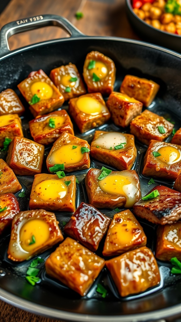 Golden garlic butter steak bites garnished with parsley in a skillet, with a rustic table setting.